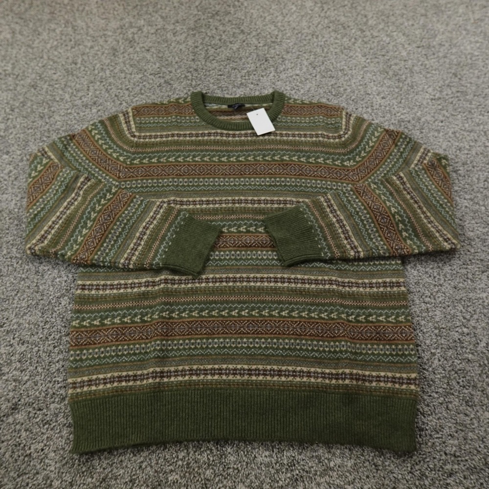 NEW J Crew Sweater Mens L Green Fair Isle Lambswool Crewneck Knit Pullover Cozy - Picture 2 of 13